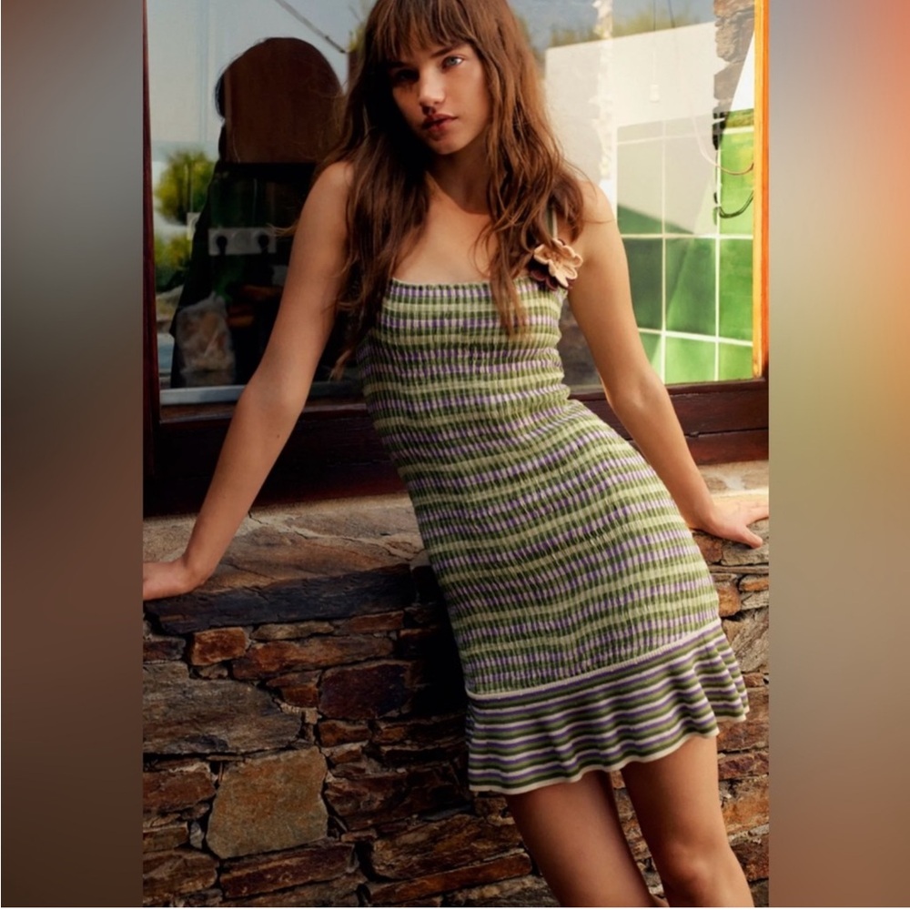 Sandro Green and White Striped Mini Dress